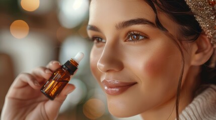 Fototapeta premium Woman holding an amber essential oil bottle, promoting natural skincare and wellness. Soft focus background with warm bokeh lights.