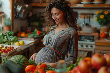 A pregnant woman in the kitchen preparing a meal surrounded by fresh fruits and vegetables, promoting a healthy diet and lifestyle during pregnancy