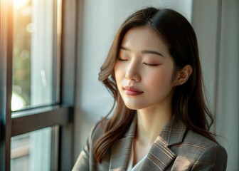 Fototapeta premium Business woman at office in the morning, sunlight 