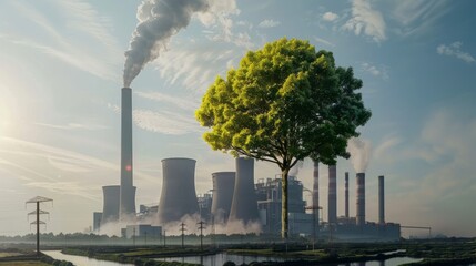 Modern power plant with tree, Green industry eco power for sustainable energy saving environmental. Sustainable development goals (SDGs) concept