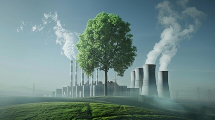 Modern power plant with tree, Green industry eco power for sustainable energy saving environmental. Sustainable development goals (SDGs) concept
