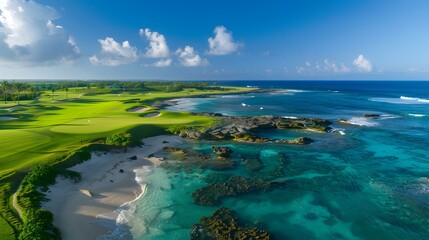 Obraz premium An island golf course surrounded by turquoise waters picture