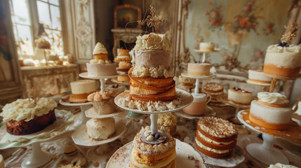 Naklejka premium A Rustic Wedding Cake Display in a Vintage Setting