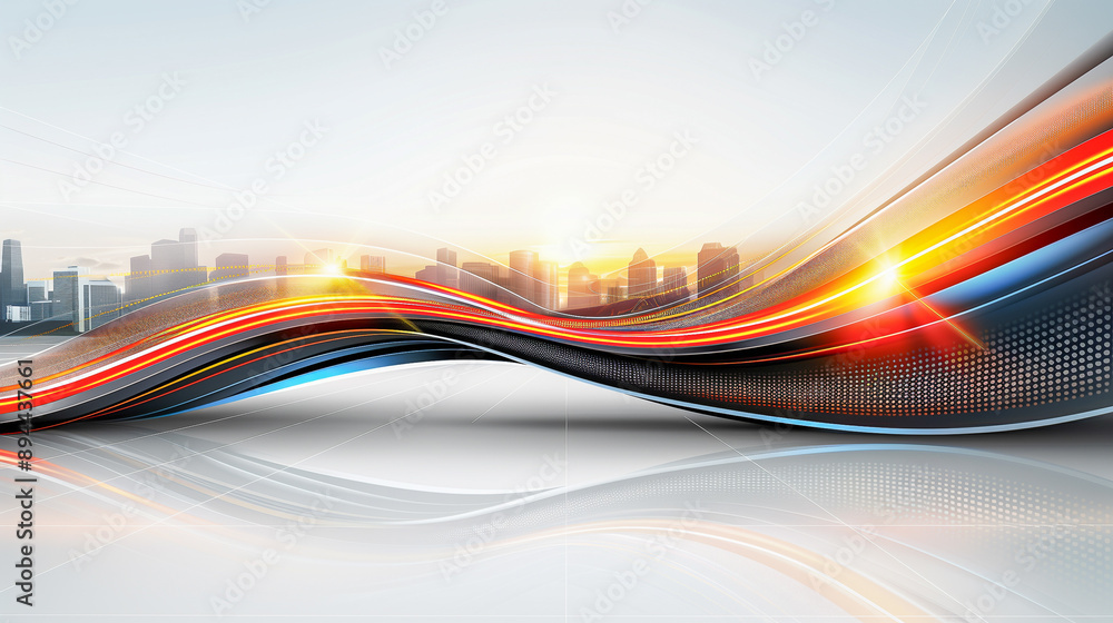 Poster abstract cityscape with dynamic flowing lines and sunrise..