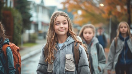 Fototapeta premium A girl with long hair is smiling and walking with her friends