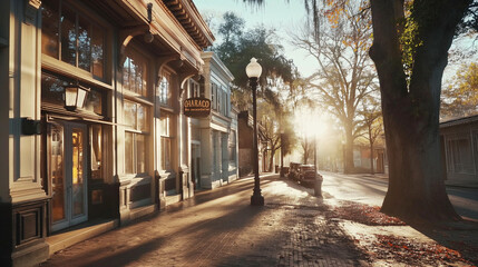 Obraz premium Empty Street Lined With Historic Buildings in Morning Sunlight