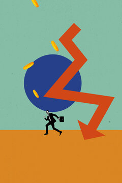 Vertical photo collage of unhappy scared businessman run arrow down work failure bankrupt coin inflation isolated on painted background