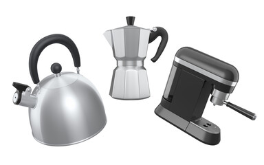 Kitchen appliances and utensils for making breakfast on white background