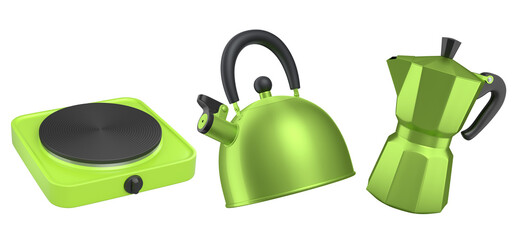 Kitchen appliances and utensils for making breakfast on white background