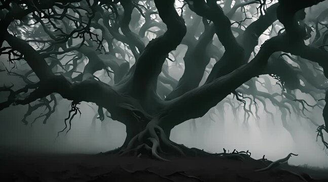 closeup of a big scary tree with a foggy and dark background, generated ai