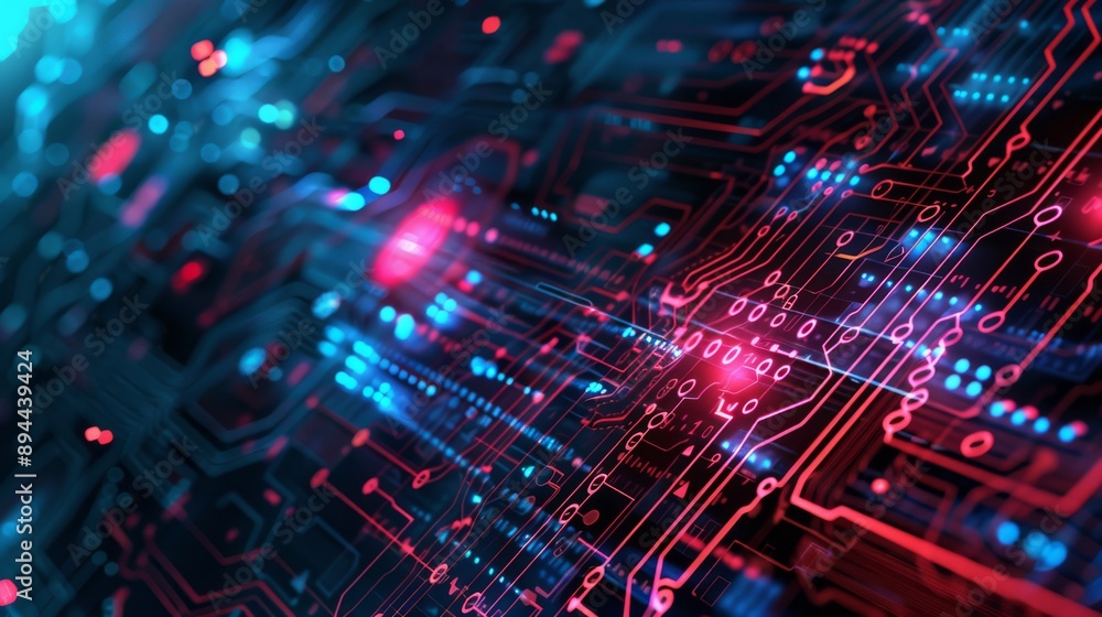 Poster abstract image of a digital circuit board with glowing red and blue lights, representing technology.
