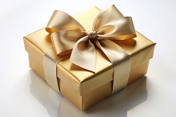 Obraz premium Luxurious gold gift box adorned with a delicate satin ribbon and intricately tied bow, sitting beautifully on a smooth, creamy white background.