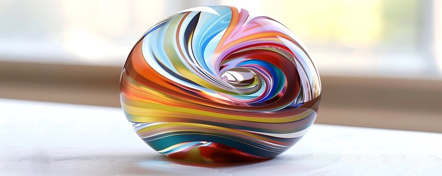 A beautifully glass paperweight with swirling colors and a smooth rounded shape resting on a white surface The intricate patterns and vibrant hues of the paperweight are highlighted 
