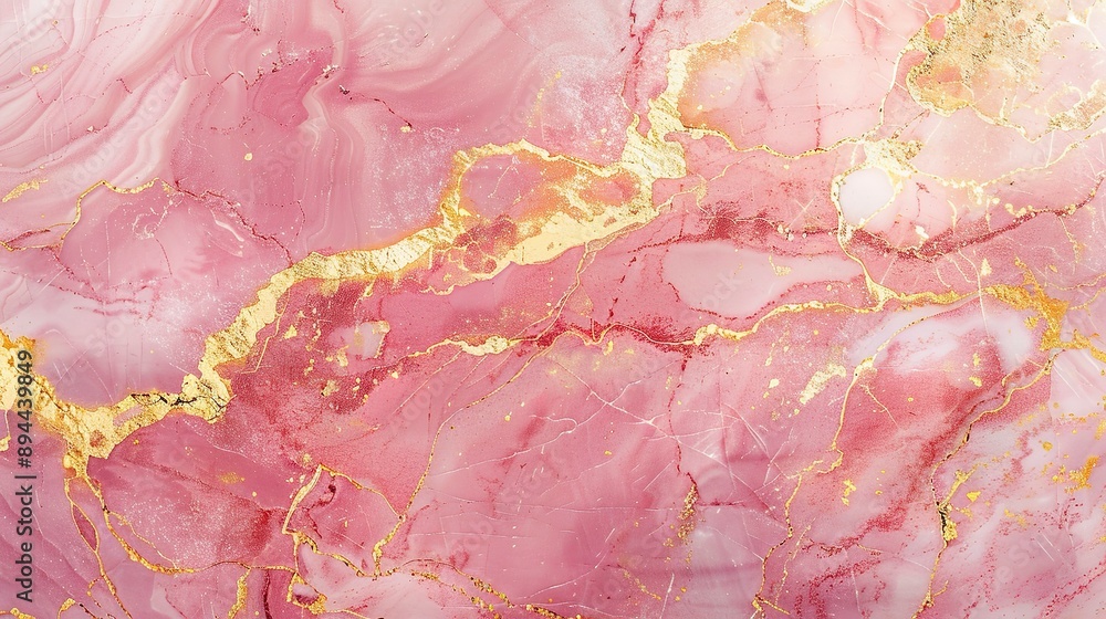 Poster close up abstract marble pattern on surface in pink color and golden marble stone floor texture back