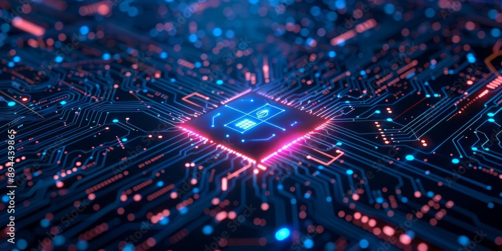 Poster hightech circuit board with neon lights, symbolizing innovation and advanced technology in electroni