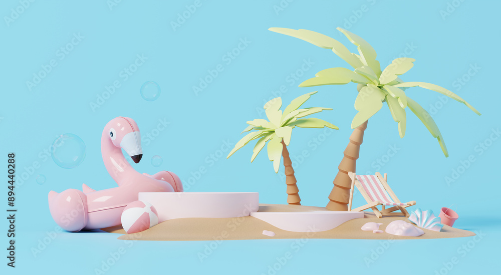 Aufkleber 3d render, summer scene with podium for showing product and advertisement, summer background with pi