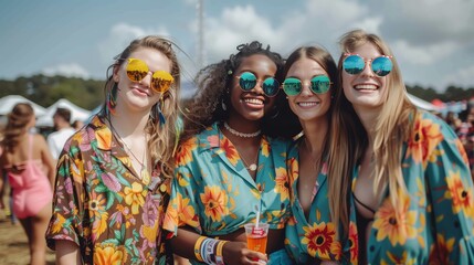 Friends in matching summer outfits enjoy a lively festival of laughter, dancing, and delicious food.