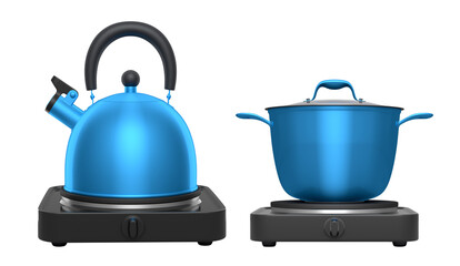 Stainless steel stewpot and kettle on portable camping electric stove on white background