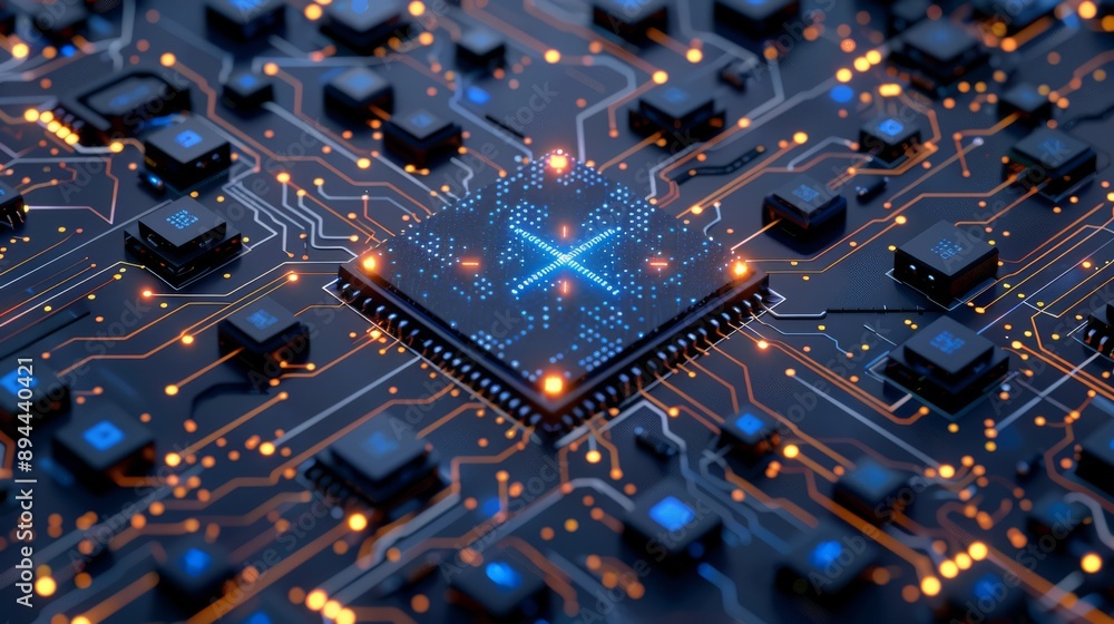 Poster high-tech quantum computing circuit board with a glowing microchip, representing innovation and tech