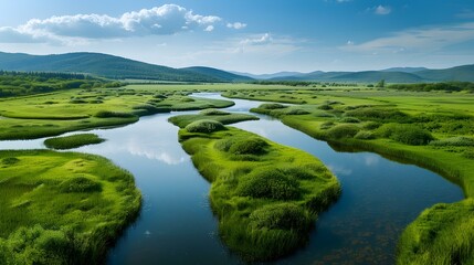 A green plain with a river that meanders image