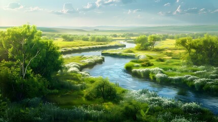Fototapeta premium A green plain with a winding river that img