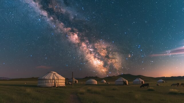 Yurts beneath a luminous Milky Way in the night sky