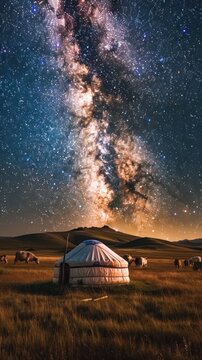 Yurt under vivid Milky Way with cattle in the field