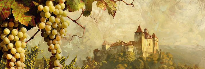 Grapes hang from vines in front of an old castle, embodying regionalism and iconic elements with white and gold hues.