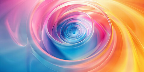 A rainbow-colored background features a spiral swirl, with three-dimensional effects, vibrant illustrations, and hues of dark pink, azure, light orange, and blue.