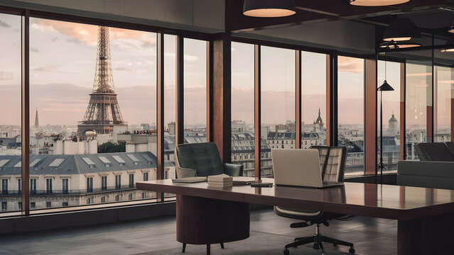 Office with View of Paris Skyline and Eiffel Tower
