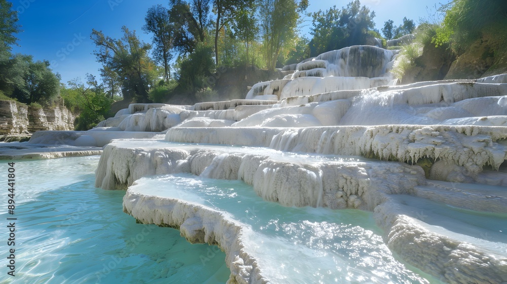 Sticker Cascades of limestone terraces with clear blue water