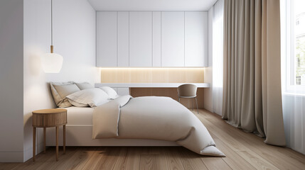 Modern bedroom interior design with white walls and wooden flooring.