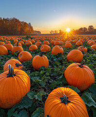 Orange pumpkins in field, harvest season on farm, harvested pumpkins during autumn sunset