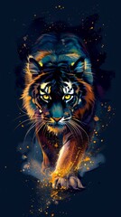 A tiger is walking on a dark background with a splash of orange