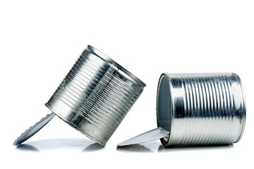Old empty tin cans on white background