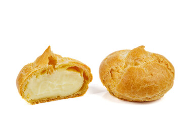 Choux cream puff pastry isolated on white background, sweet food, bakery
