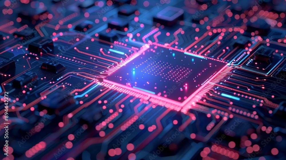Poster hightech circuit board with neon lights, symbolizing innovation and advanced technology in electroni