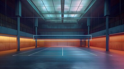 Empty professional volleyball court in lights. 