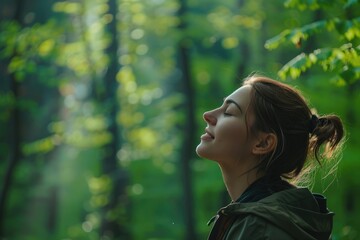 Profile of a relaxed woman breathing fresh air in a green forest
