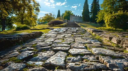 Landscape path made of granite paving stones