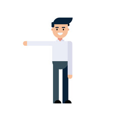 Vector illustration of a male character. Poses front. A man in white shirt is standing. Flat design, isolated on white background.