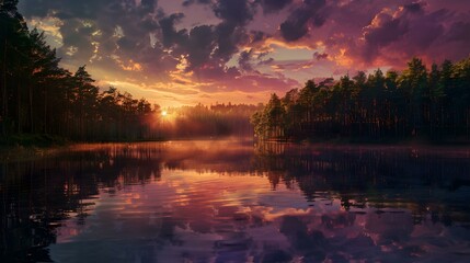Obraz premium Forest lake at sunset when the water reflects picture
