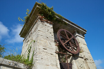 The entrance door and wheel of the Fortress at  Aix island in atlantic ocean