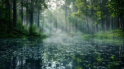 Obraz premium Forest pond with crystal clear water reflecting tall picture