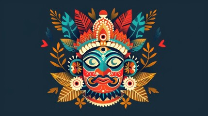 Abstract illustration of a traditional Kerala Theyyam face with intricate patterns and vibrant colors.