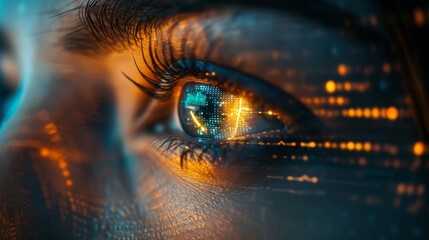Visualization of digital data with a woman's face close-up and digital code. AI generated