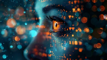 Visualization of digital data with a woman's face close-up and digital code. AI generated