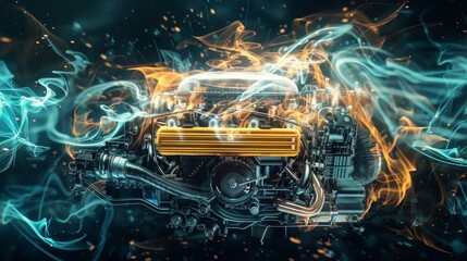 Superimposed Visualization of Noise and Sound Waves with High-Performance Car Engine. AI Generated
