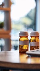 Amber Medicine Bottle with Black Cap, Filled with Capsules, Clean and Minimalist Pharmaceutical Packaging, Modern Healthcare and Medication Storage, High-Quality Prescription Bottle Design