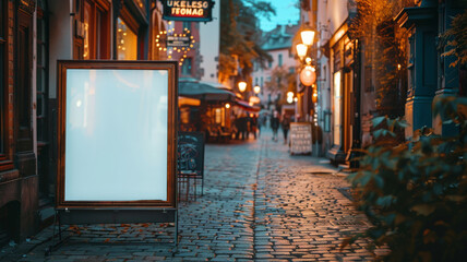 An empty poster frame on a historic cobblestone street, with vintage streetlights, quaint shops, and a lively cafÃ©.